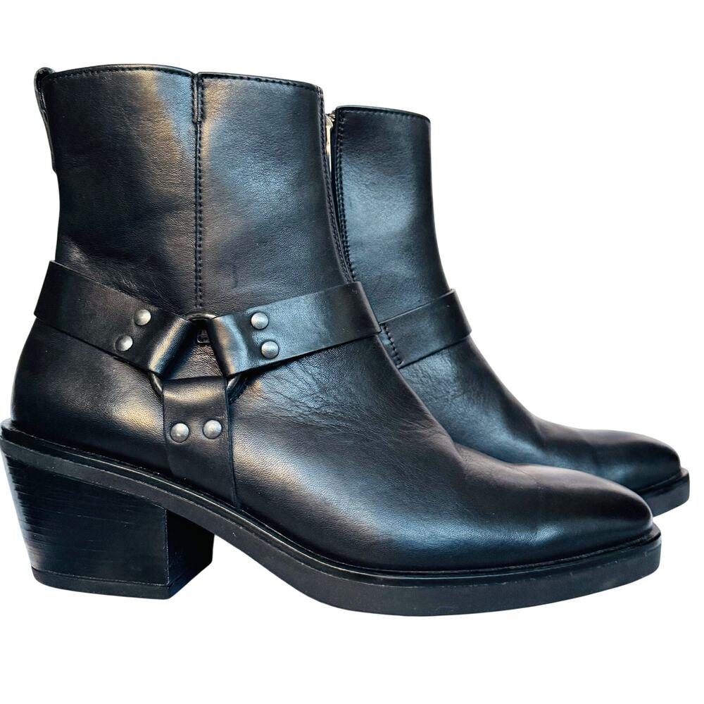 Paul Green West Black Leather Moto Harness Bootie Size US 8.5 UK 6 NWOB